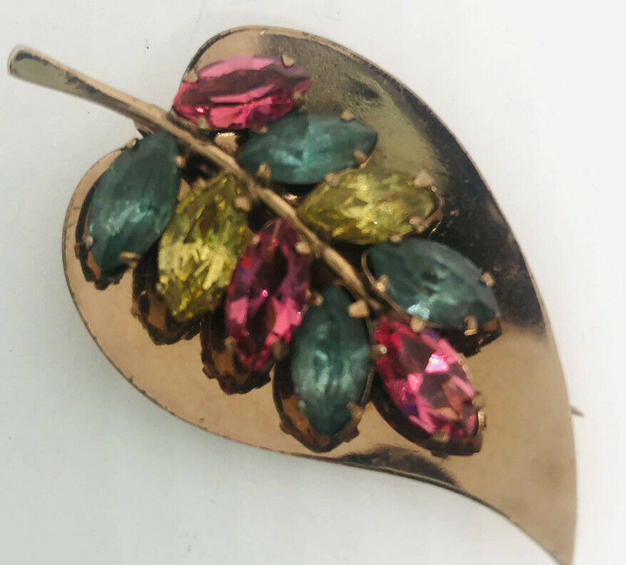 Signed Coro Sterling Silver Rhinestone Fur Clip Leaf Pastels Vintage Jewelry